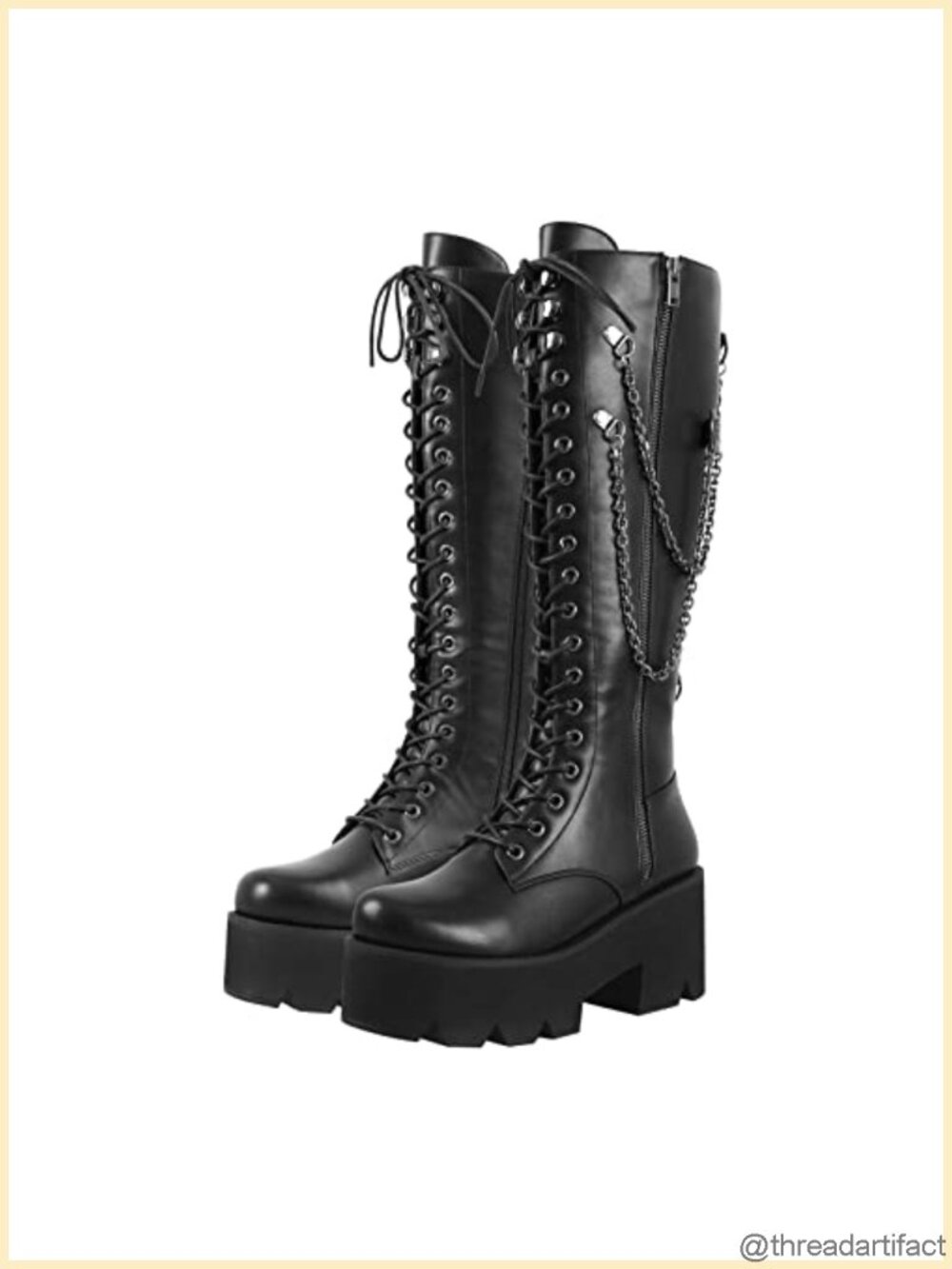 Platform Knee High Combat Boots Lace Up Zipper Faux Leather